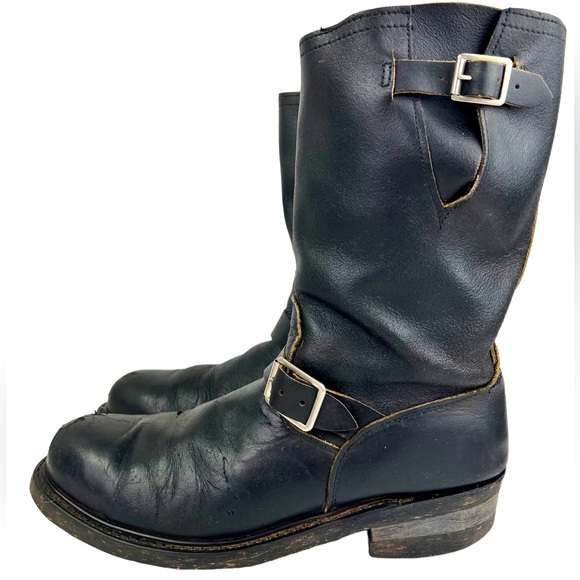 Vintage Other - Vintage Black Leather Engineer Moto Riding Biker Boots Steal Toe Cord Sole 10D